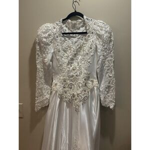 Vintage Ginza Long Sleeve‎ Wedding Dress Beaded Lace Applique Bridal Gown White